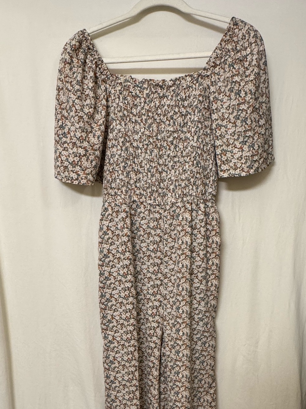 Smocked Floral Square-Neck Jumpsuit in Beige